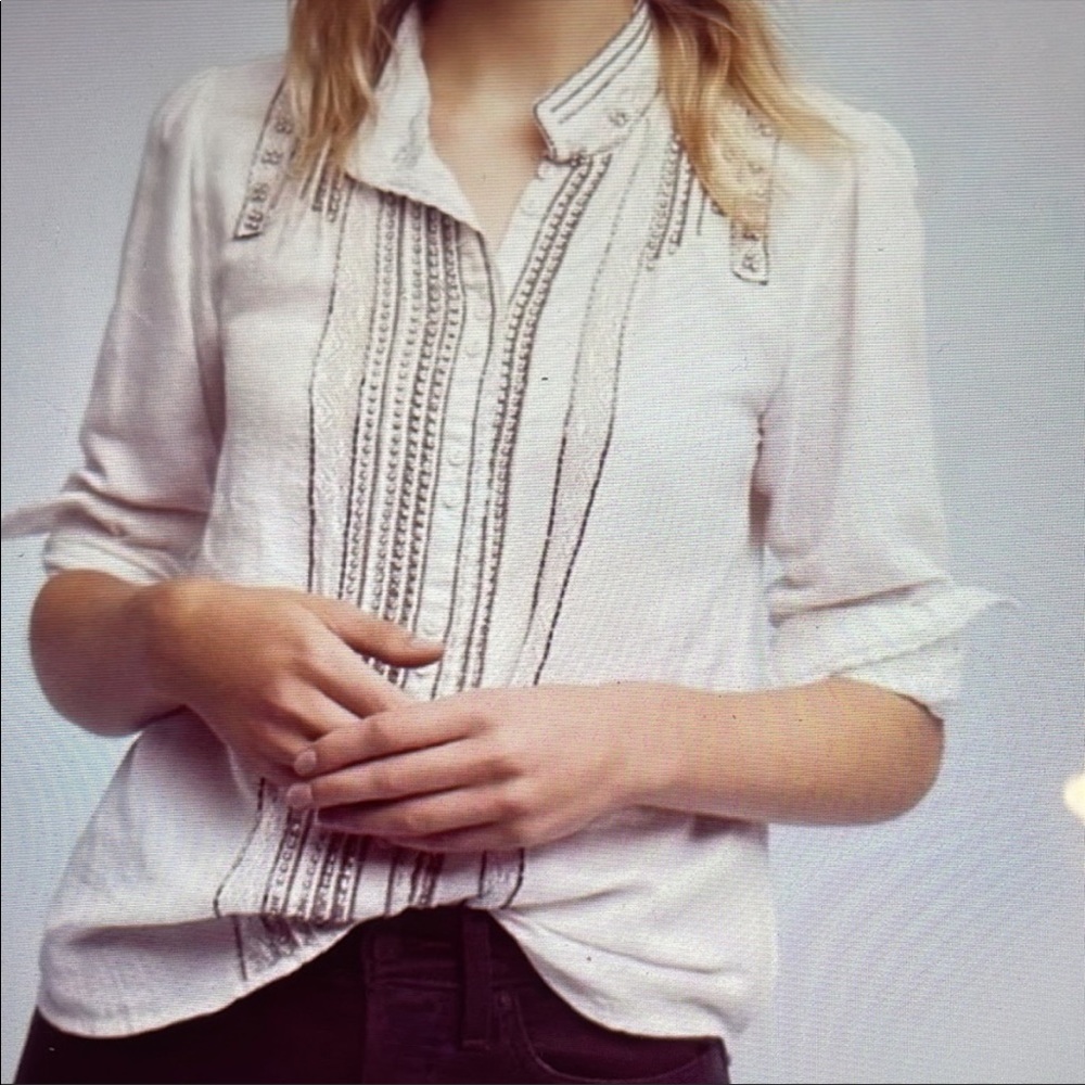 Anthropologie Cream Blouse with Embroidery